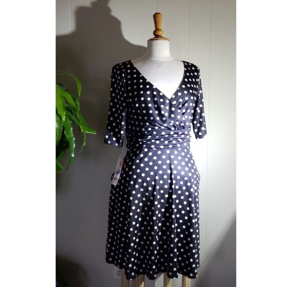 NWT Black Polka Dot Faux-Wrap Dress #08 - Picture 1 of 6